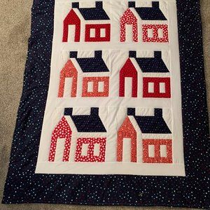 HANDMADE LAP QUILT RED WHITE AND BLUE LITTLE SCHOOL HOUSE 40" X 55"